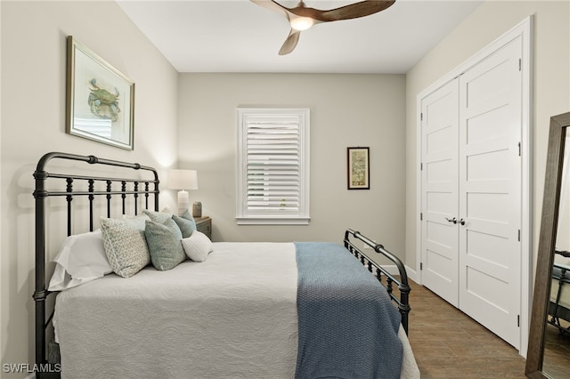 bedroom featuring ceiling fan, a closet, and dark hardwood / wood-style floors