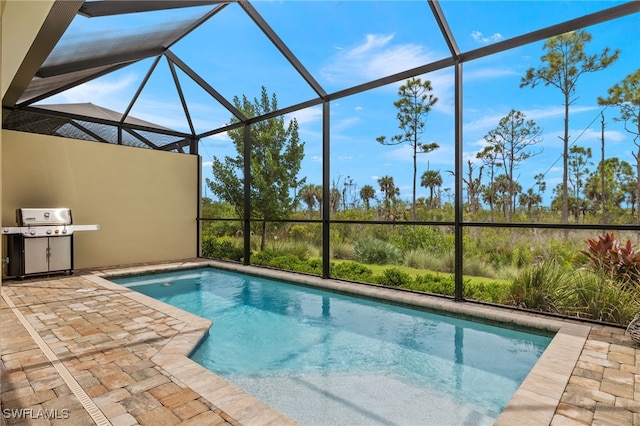 view of swimming pool with a lanai, area for grilling, and a patio area