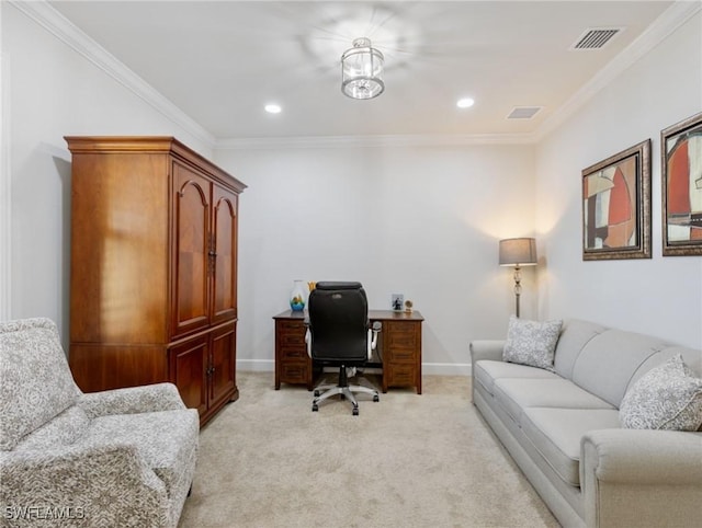 carpeted office with crown molding