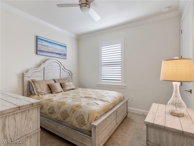 bedroom with ceiling fan, ornamental molding, and light carpet