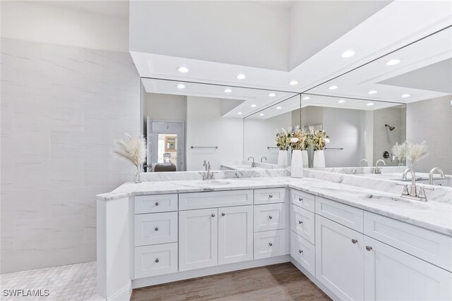 bathroom with a sink, walk in shower, and double vanity