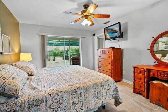 bedroom with access to outside and ceiling fan