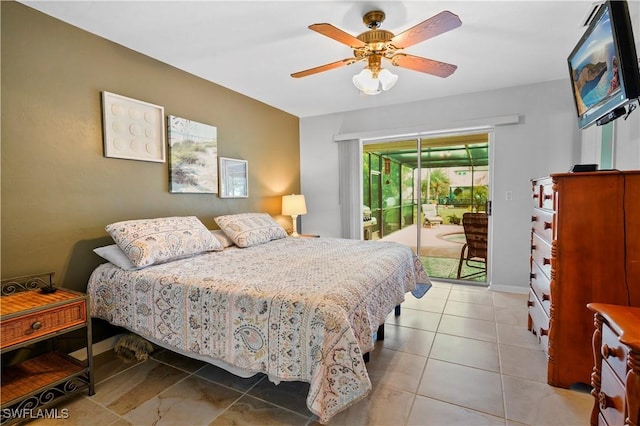 bedroom featuring ceiling fan and access to exterior