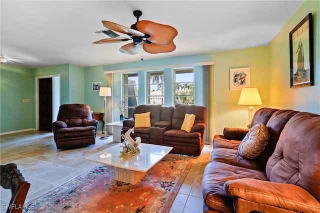 living room with ceiling fan