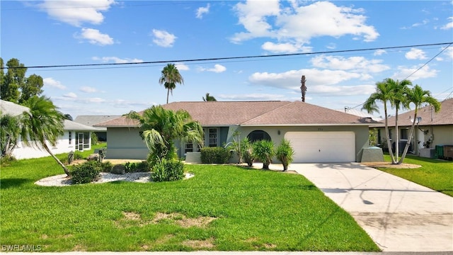 ranch-style house with a front lawn and a garage