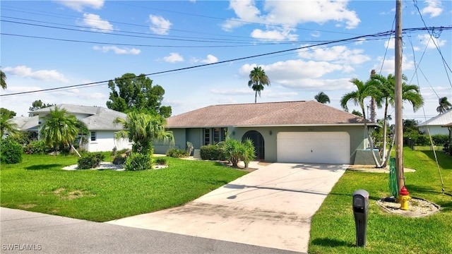 ranch-style home with a garage and a front lawn