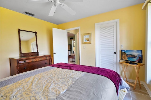 bedroom featuring ceiling fan and a closet