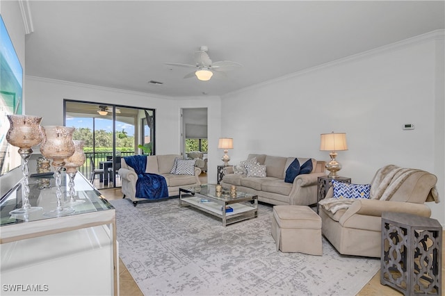 living room with crown molding and ceiling fan