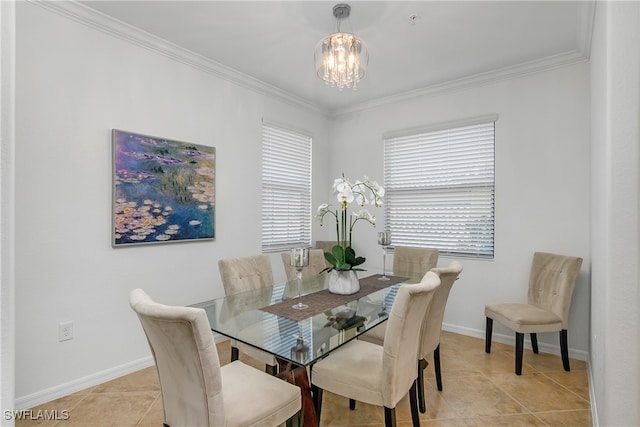 tiled dining room with crown molding and a chandelier