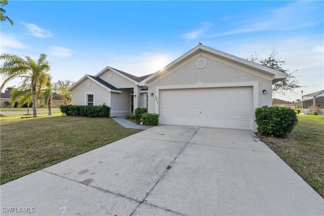 single story home with a garage and a front yard