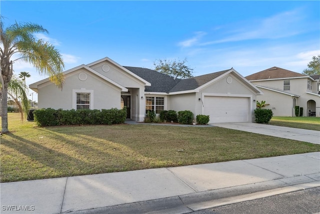 ranch-style house with a garage and a front lawn