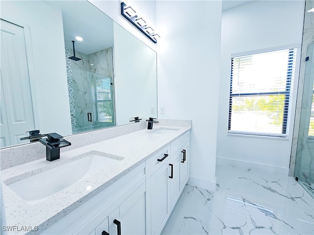 bathroom featuring tile patterned flooring, double vanity, and a shower with shower door