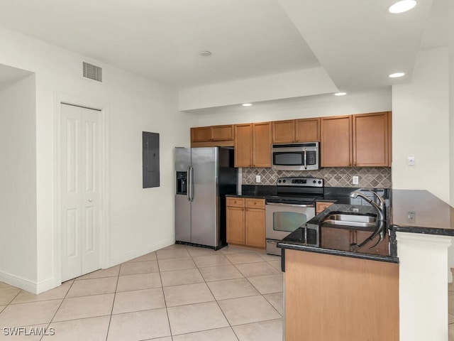 kitchen featuring sink, stainless steel appliances, electric panel, decorative backsplash, and kitchen peninsula