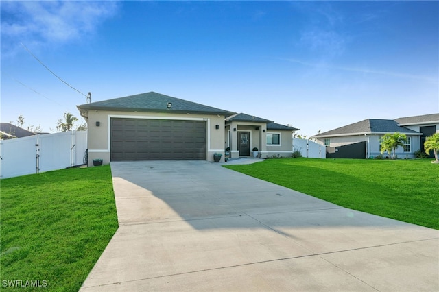 single story home with a garage and a front yard