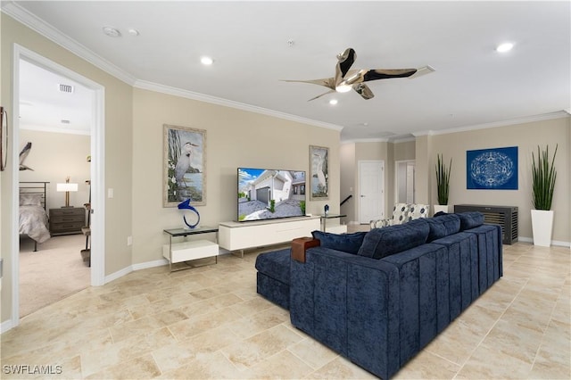 living area with recessed lighting, visible vents, and crown molding