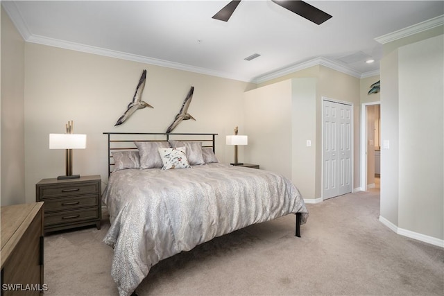 bedroom featuring light carpet, visible vents, baseboards, ornamental molding, and a closet