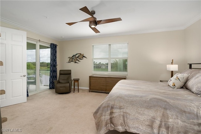 carpeted bedroom with access to outside, ceiling fan, and ornamental molding