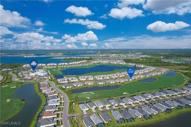 bird's eye view with a residential view, view of golf course, and a water view