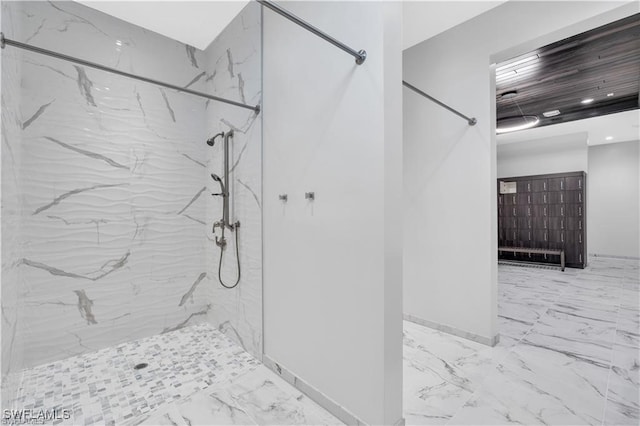 full bathroom with recessed lighting, marble finish floor, and a marble finish shower