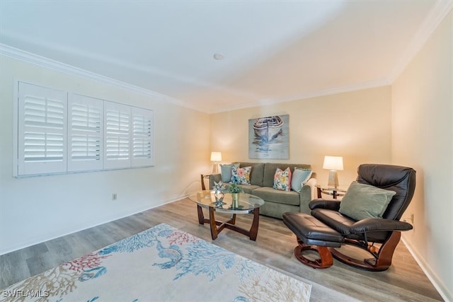 living room featuring crown molding and light hardwood / wood-style floors