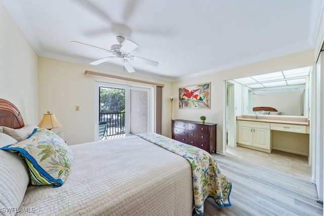 bedroom with crown molding, light hardwood / wood-style floors, access to outside, and ceiling fan