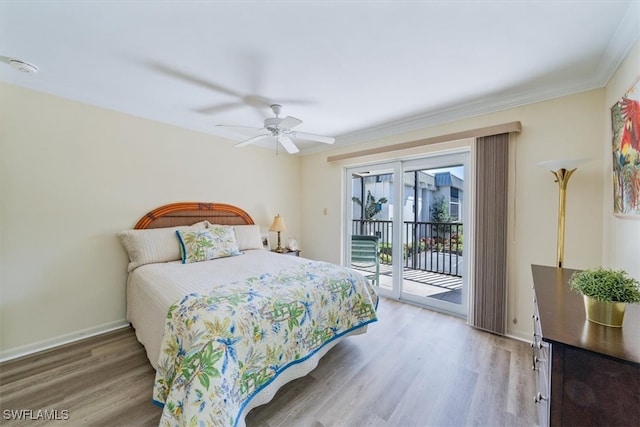 bedroom with french doors, access to outside, wood-type flooring, ornamental molding, and ceiling fan