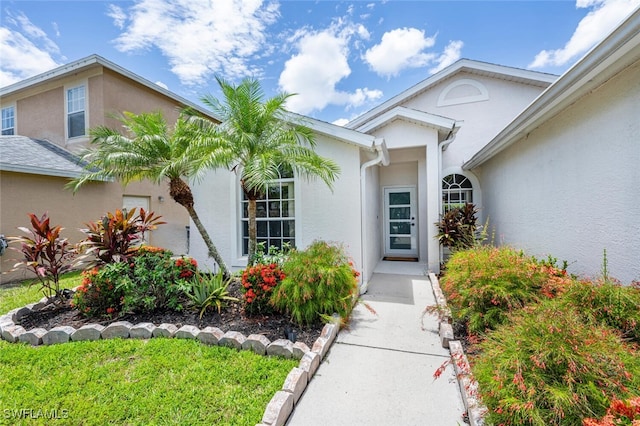 entrance to property featuring stucco siding