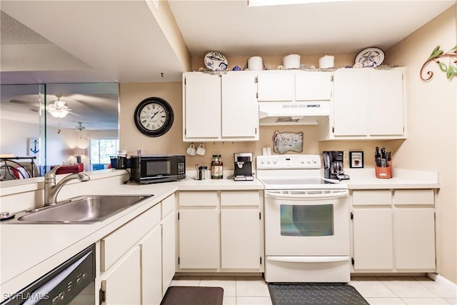 kitchen featuring white range with electric cooktop, a sink, black microwave, under cabinet range hood, and dishwasher