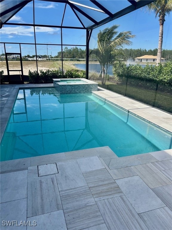 view of swimming pool featuring a water view, an in ground hot tub, and glass enclosure