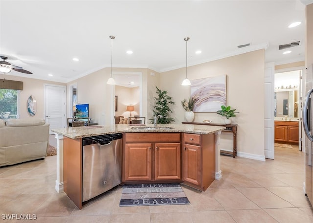 kitchen with stainless steel dishwasher, a sink, open floor plan, light tile patterned flooring, and recessed lighting
