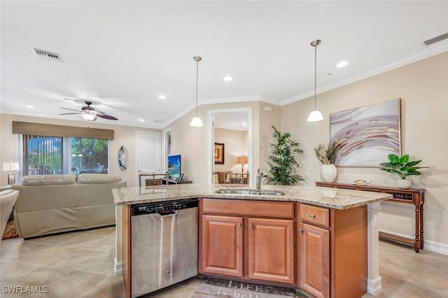 kitchen with dishwasher, sink, hanging light fixtures, and a center island with sink