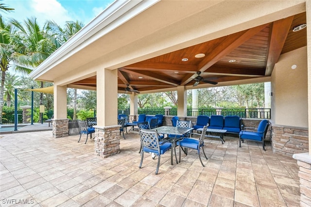 view of patio featuring ceiling fan and an outdoor hangout area