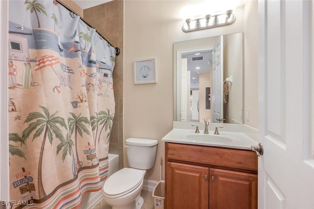 full bathroom featuring vanity, shower / bathtub combination with curtain, and toilet