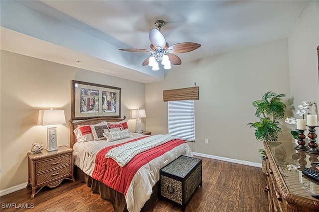 bedroom featuring ceiling fan and dark hardwood / wood-style flooring