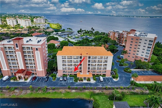 drone / aerial view featuring a water view