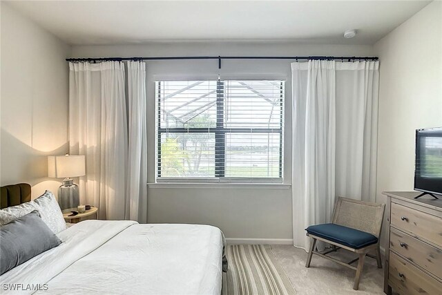 bedroom featuring light colored carpet