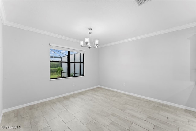 empty room featuring ornamental molding, visible vents, and baseboards