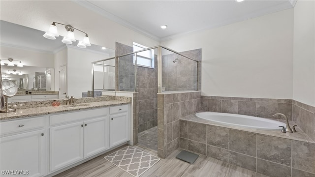 bathroom featuring vanity, plus walk in shower, and crown molding