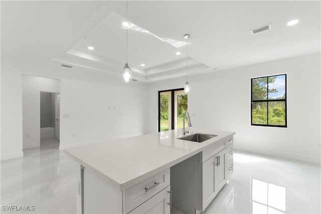 kitchen with an island with sink, a raised ceiling, white cabinetry, and sink