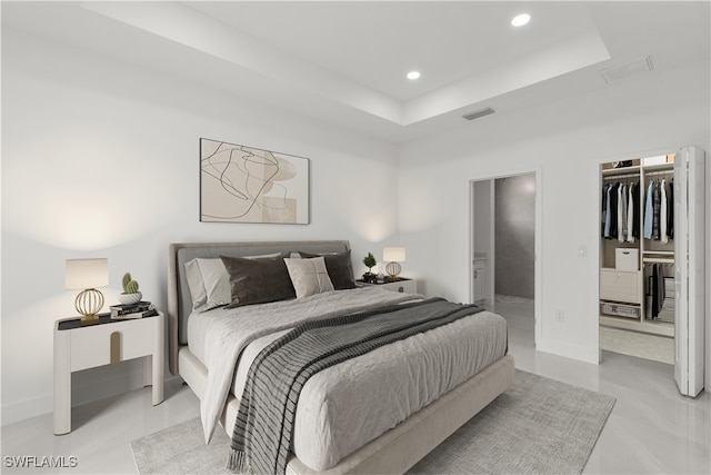 bedroom featuring a tray ceiling, a walk in closet, ensuite bathroom, and a closet