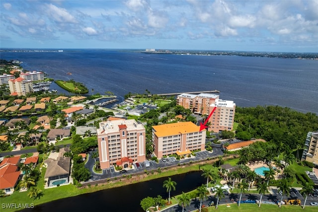 drone / aerial view with a water view