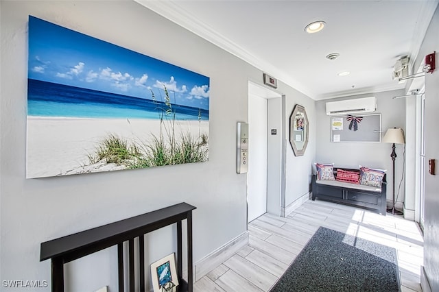 corridor featuring ornamental molding and an AC wall unit