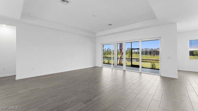 unfurnished room featuring hardwood / wood-style floors and a raised ceiling