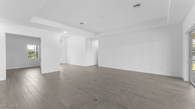 spare room featuring wood-type flooring and a tray ceiling