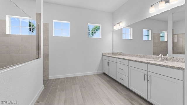 bathroom with dual vanity, plenty of natural light, and hardwood / wood-style floors