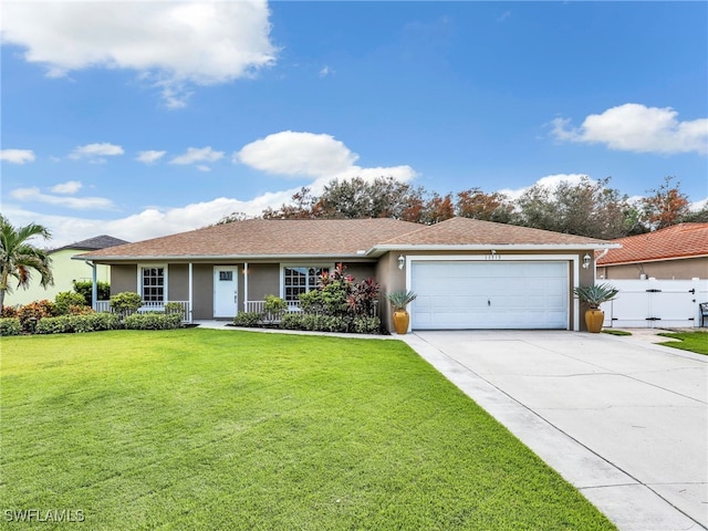 single story home featuring covered porch, a garage, and a front lawn