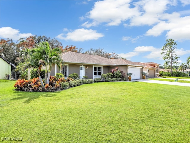 ranch-style house with a front yard and a garage