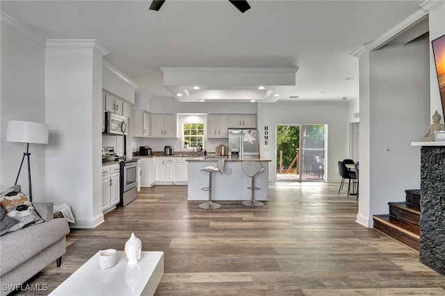 kitchen featuring appliances with stainless steel finishes, a breakfast bar, a kitchen island, ceiling fan, and hardwood / wood-style flooring