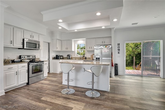 kitchen featuring a tray ceiling, stainless steel appliances, wood-type flooring, and white cabinetry