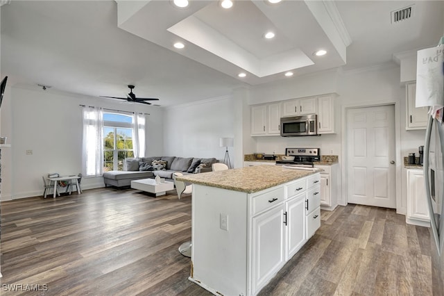 kitchen featuring ceiling fan, appliances with stainless steel finishes, dark hardwood / wood-style floors, and a center island